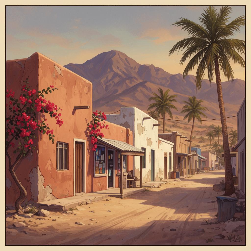 Illustrated main street of a small Baja fishing village with stucco buildings.